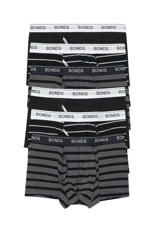 6 Pack Mens Bonds Guyfront Trunks Underwear Black / Grey Stripe