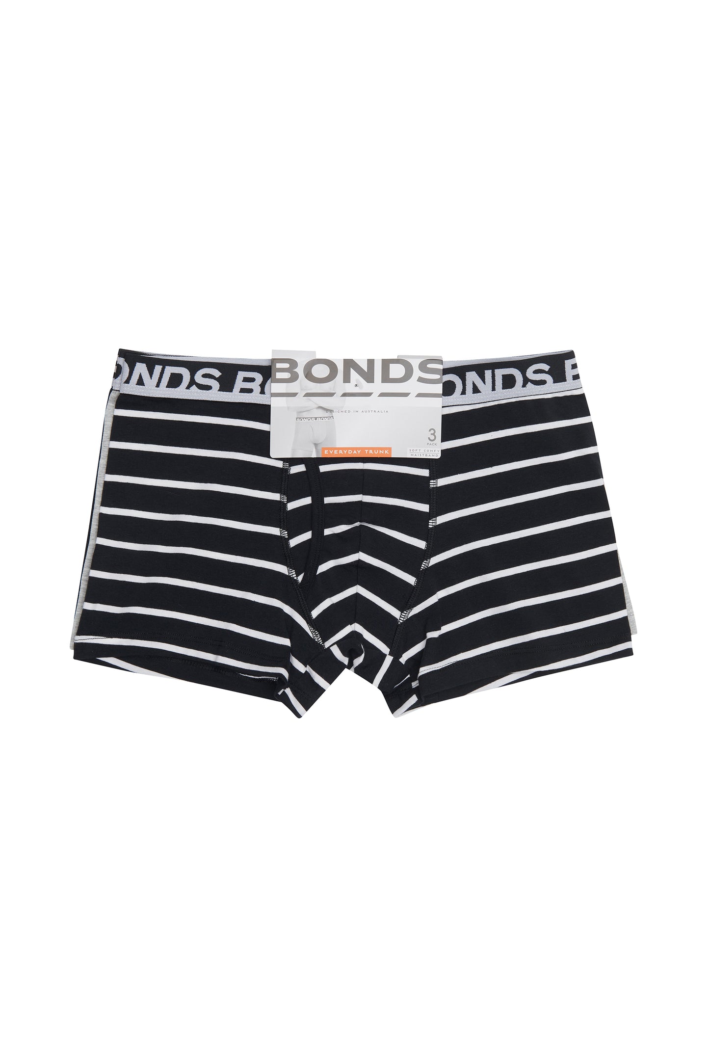 3 Pack Mens Bonds Everyday Trunks Underwear Black Stripe/Grey/Black