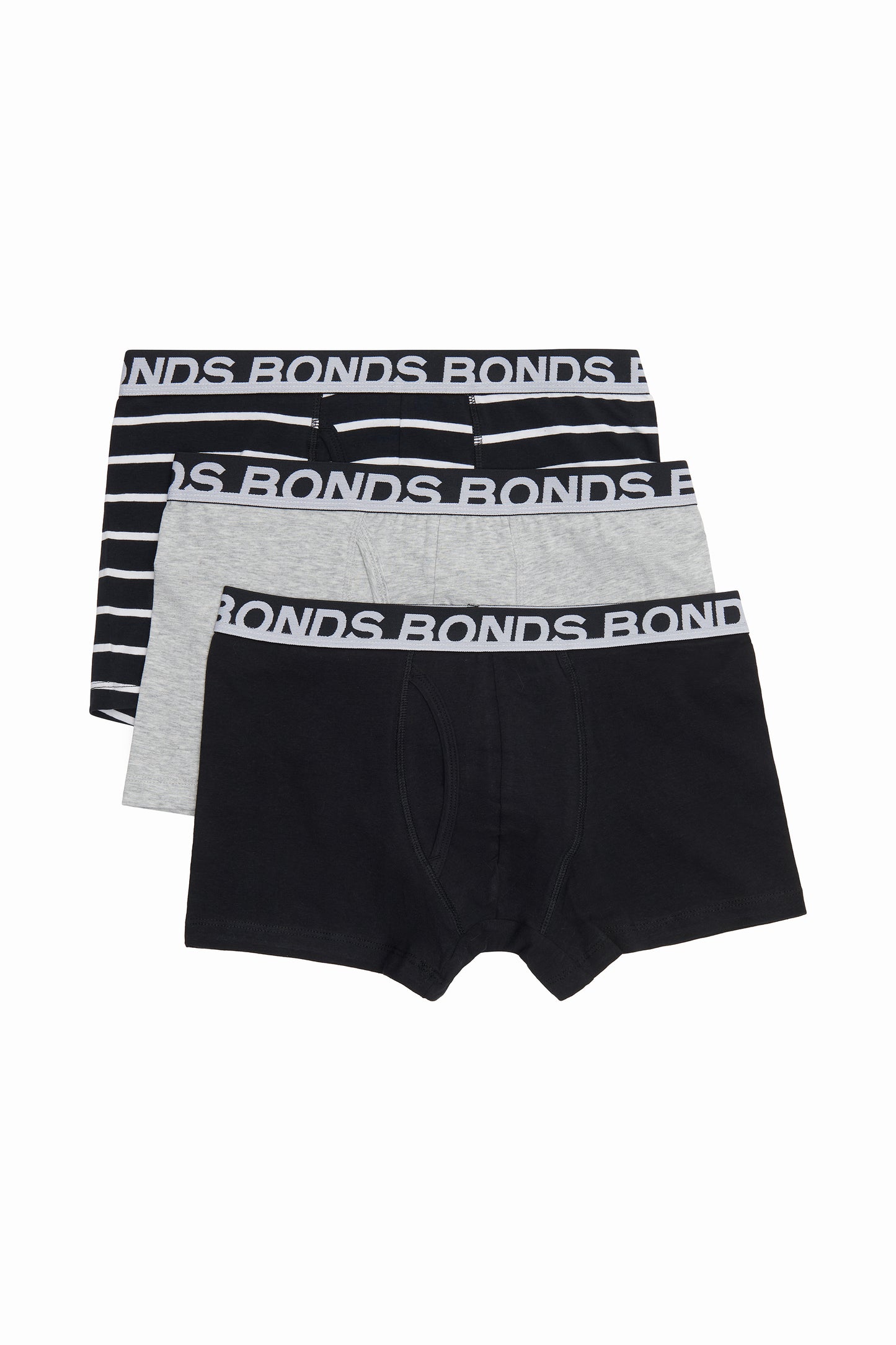 3 Pack Mens Bonds Everyday Trunks Underwear Black Stripe/Grey/Black