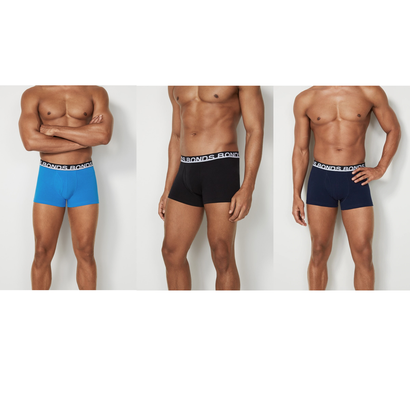 3 x Bonds Mens Everyday Trunks Underwear Black / Navy / Blue