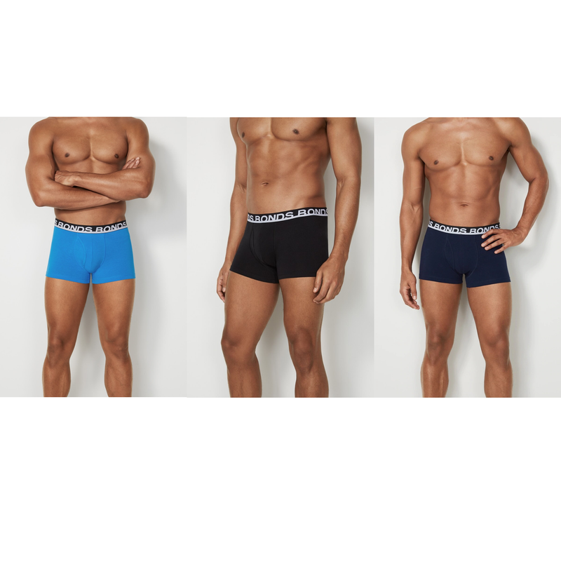 3 Pack Mens Bonds Everyday Trunks Underwear Black / Navy / Blue