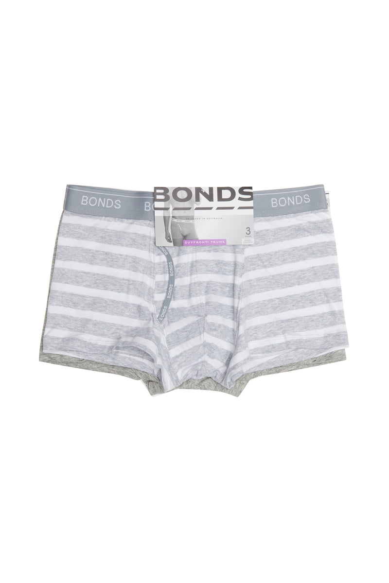 3 Pack Mens Bonds Guyfront Trunks Underwear Grey Stripe, Grey, White