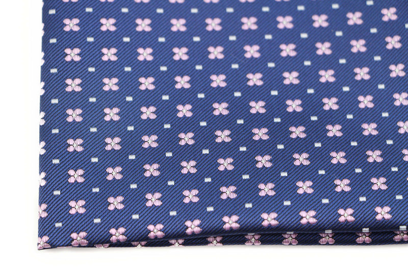 Mens Navy & Baby Pink Flower Silk Pocket Square