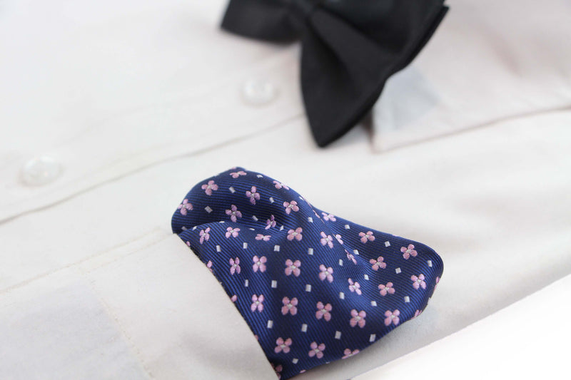 Mens Navy & Baby Pink Flower Silk Pocket Square