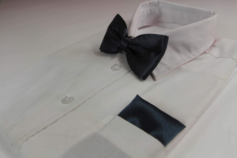 Mens Gunmetal Plain Bow Tie & Matching Pocket Square Set