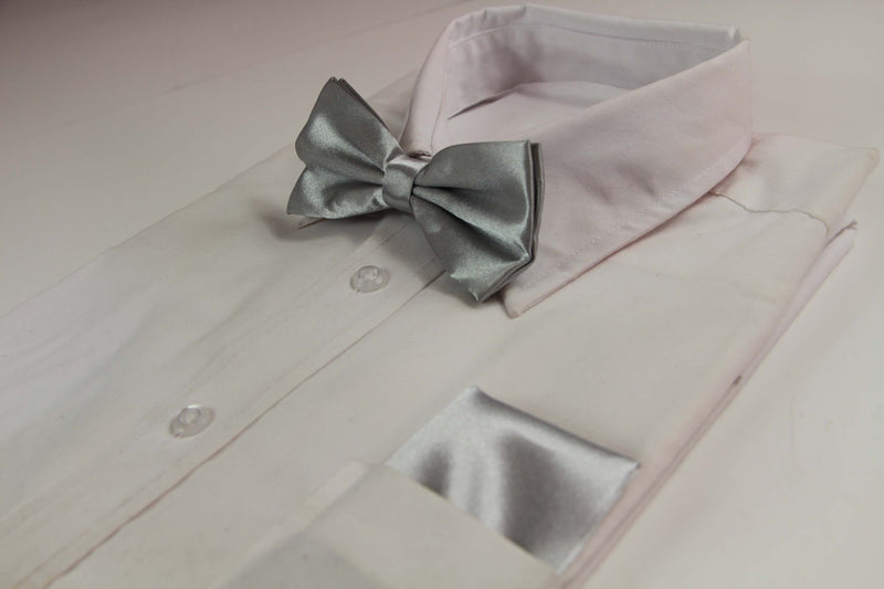 Mens Silver Plain Bow Tie & Matching Pocket Square Set