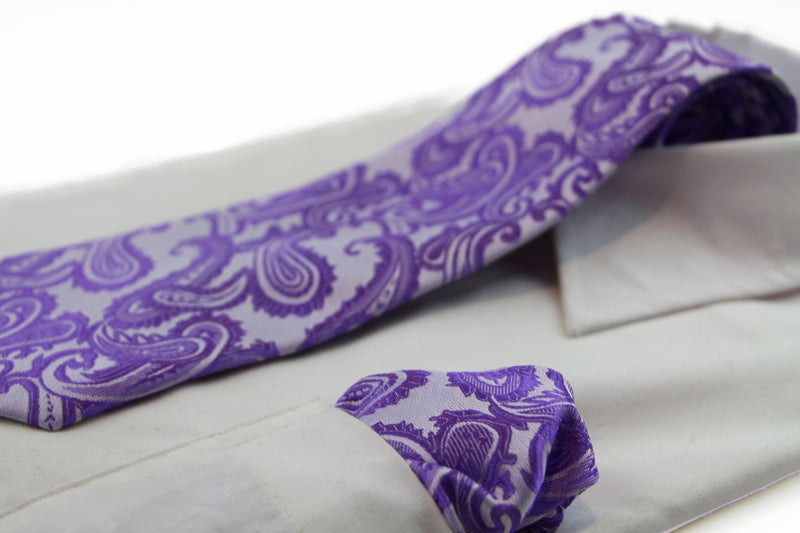 Mens Violet & Purple Paisley Patterned Neck Tie & Matching Pocket Square Set