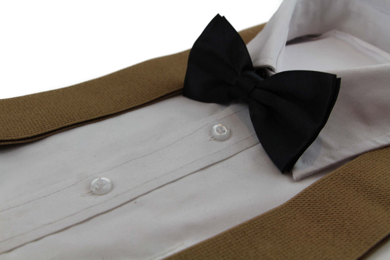 Mens Coffee 120cm Extra Wide Suspenders & Black Bow Tie  Set