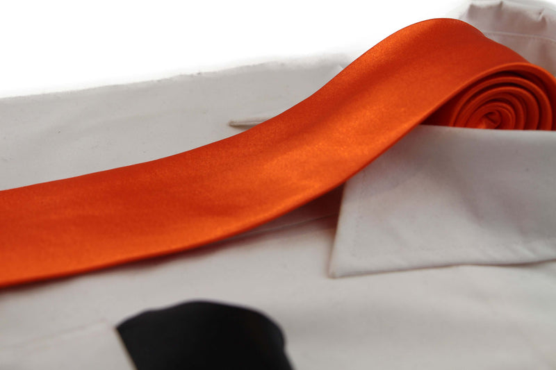 Mens Orange 8cm Neck Tie & Black Pocket Square Set