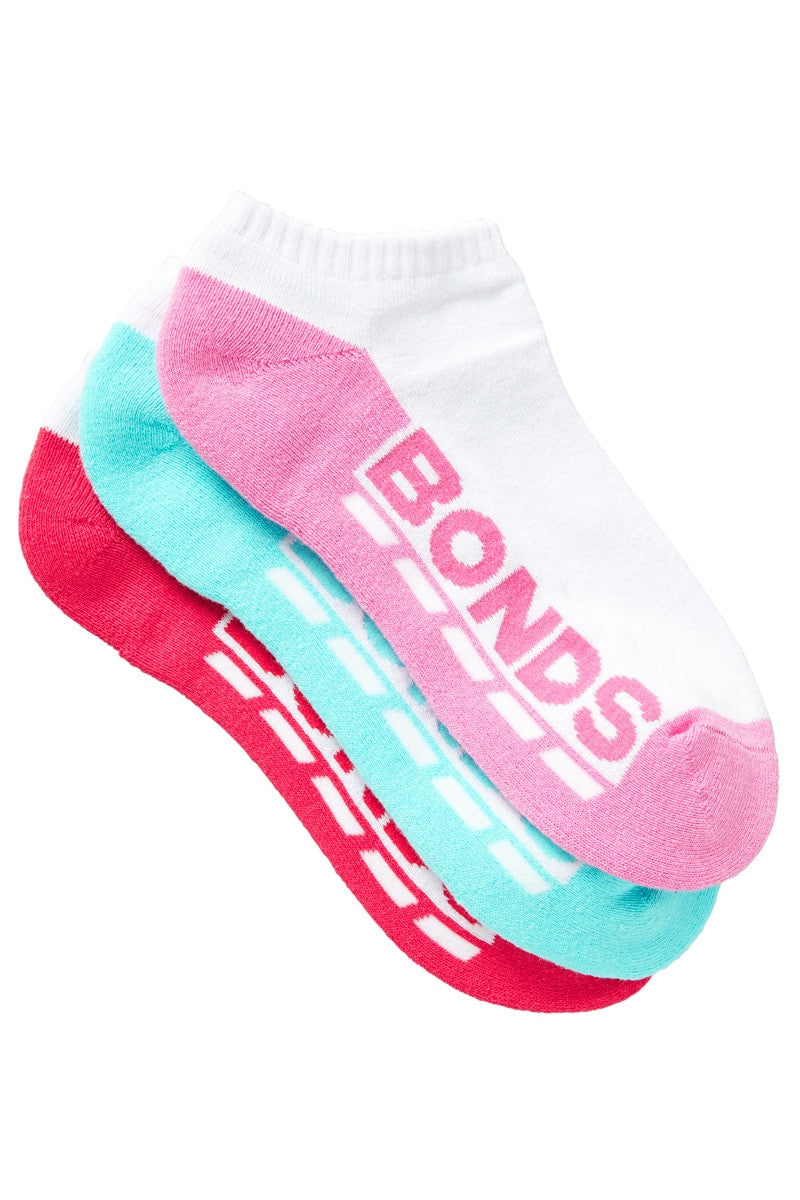 3 Pack Kids Girls Bonds Cushioned Low Cut Socks White/Pink/Aqua/Red