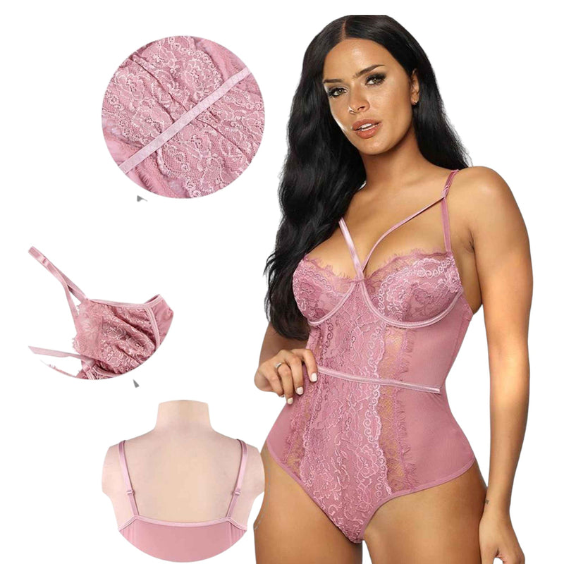 Womens Lace Lingerie Classy Pink Bodysuit Full Set