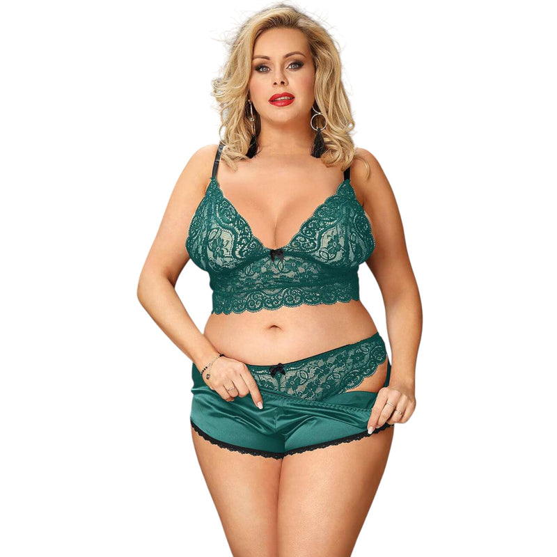 Women 3 Piece Floral Lace Bottom And Top Green Lingerie Set