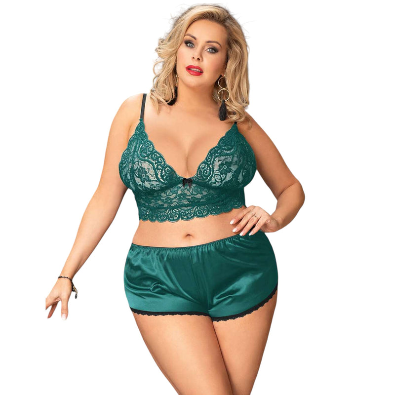 Women 3 Piece Floral Lace Bottom And Top Green Lingerie Set