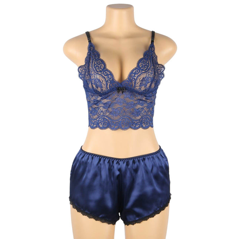 Women 3 Piece Floral Lace Bottom And Top Navy Lingerie Set