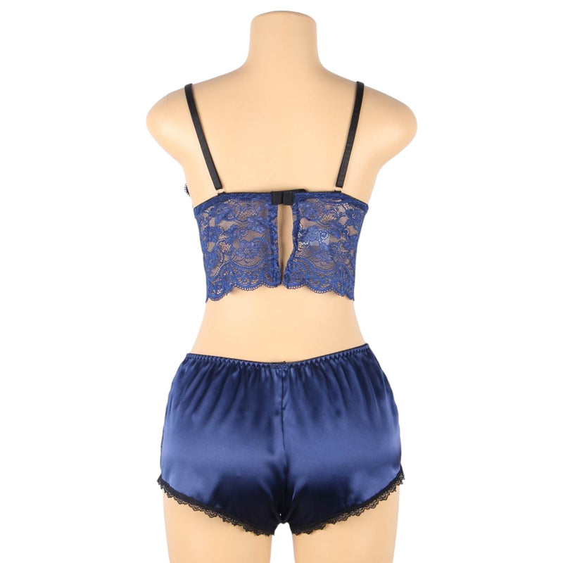 Women 3 Piece Floral Lace Bottom And Top Navy Lingerie Set