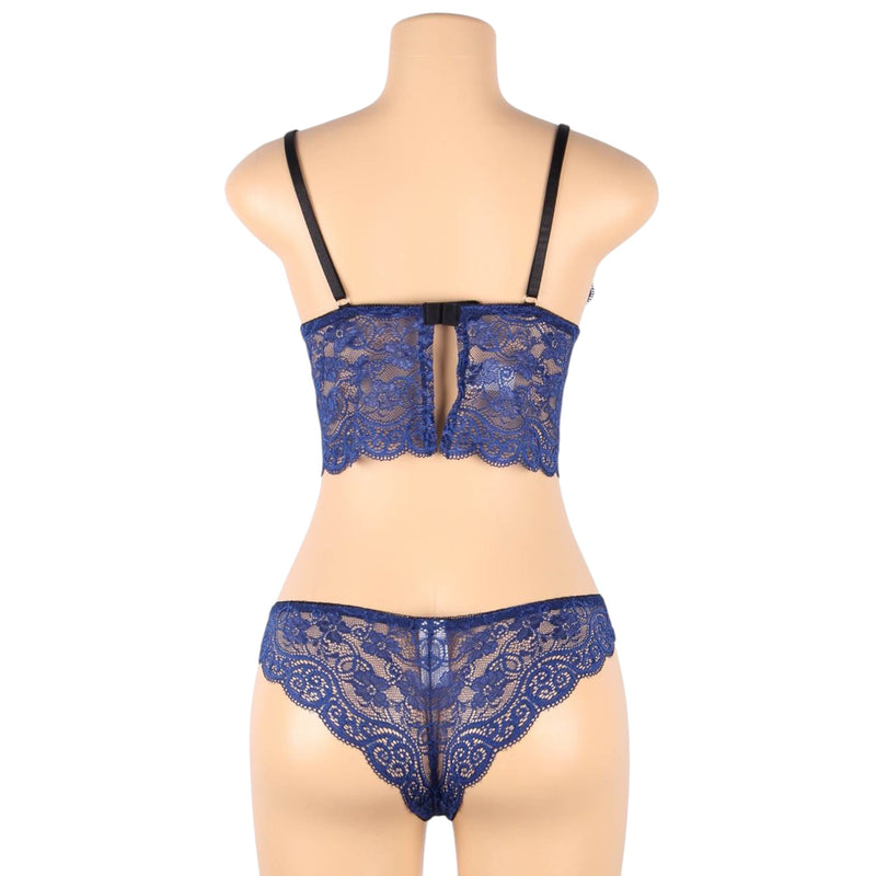 Women 3 Piece Floral Lace Bottom And Top Navy Lingerie Set