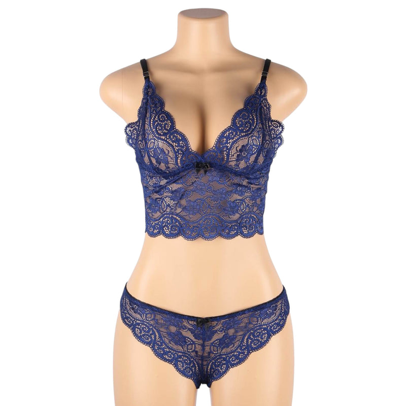 Women 3 Piece Floral Lace Bottom And Top Navy Lingerie Set