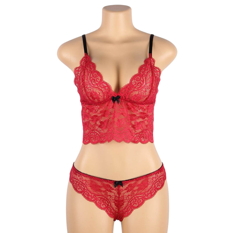 Women 3 Piece Floral Lace Bottom And Top Red Lingerie Set