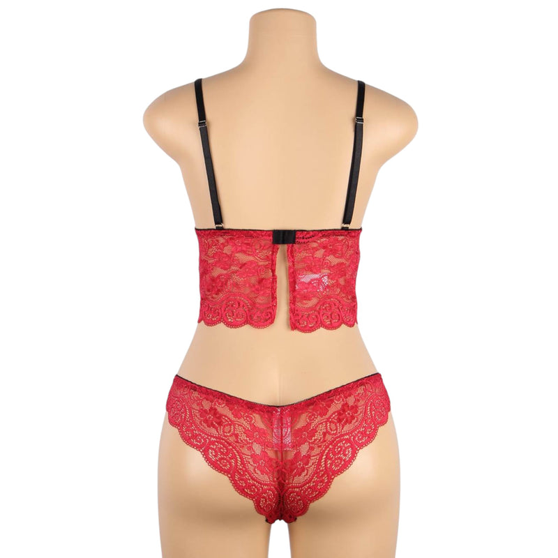 Women 3 Piece Floral Lace Bottom And Top Red Lingerie Set