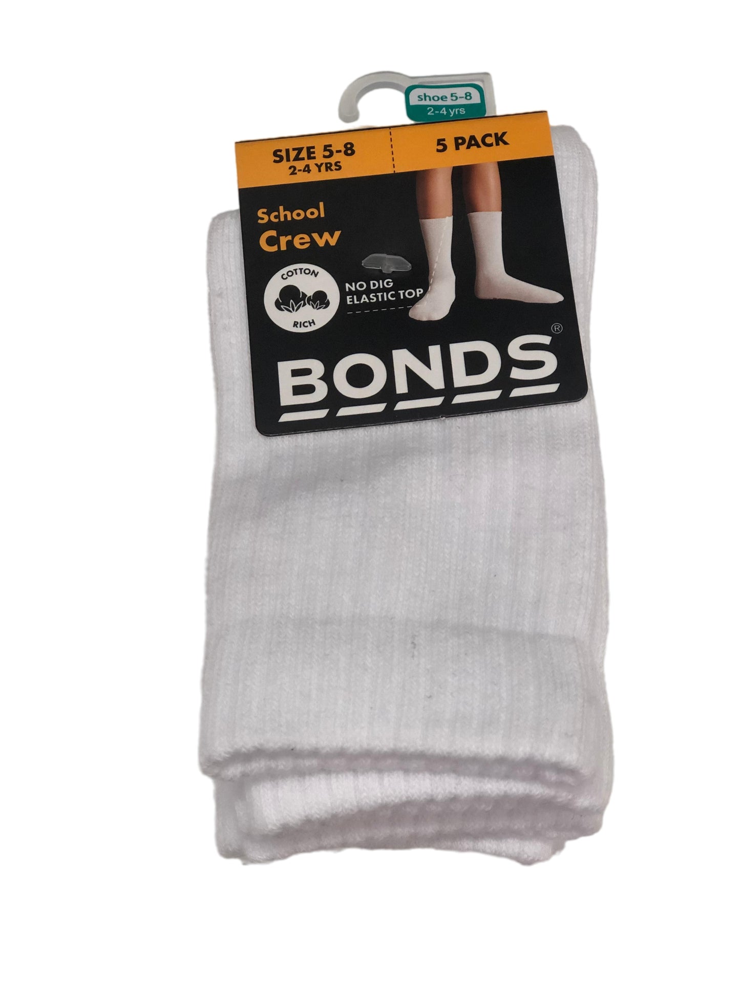 5 Pack Unisex Kids Bonds School Cotton Crew Socks White