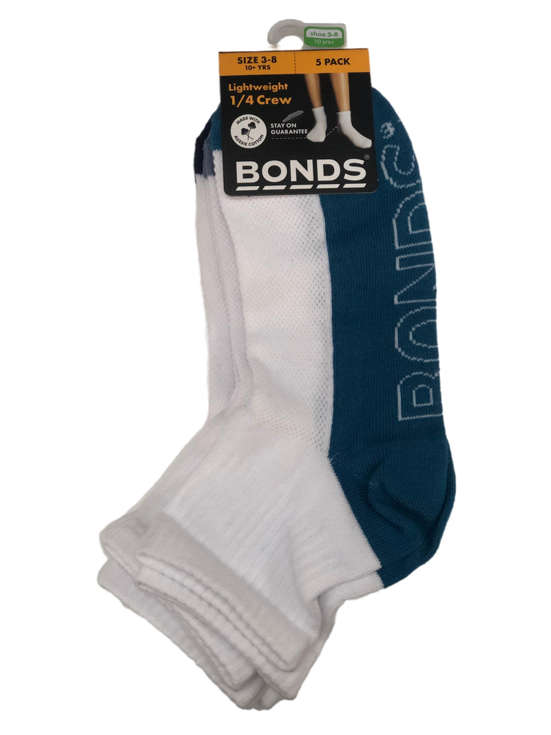 5 Pairs X Bonds Kids Lightweight Quarter Crew Boys Socks White 02K