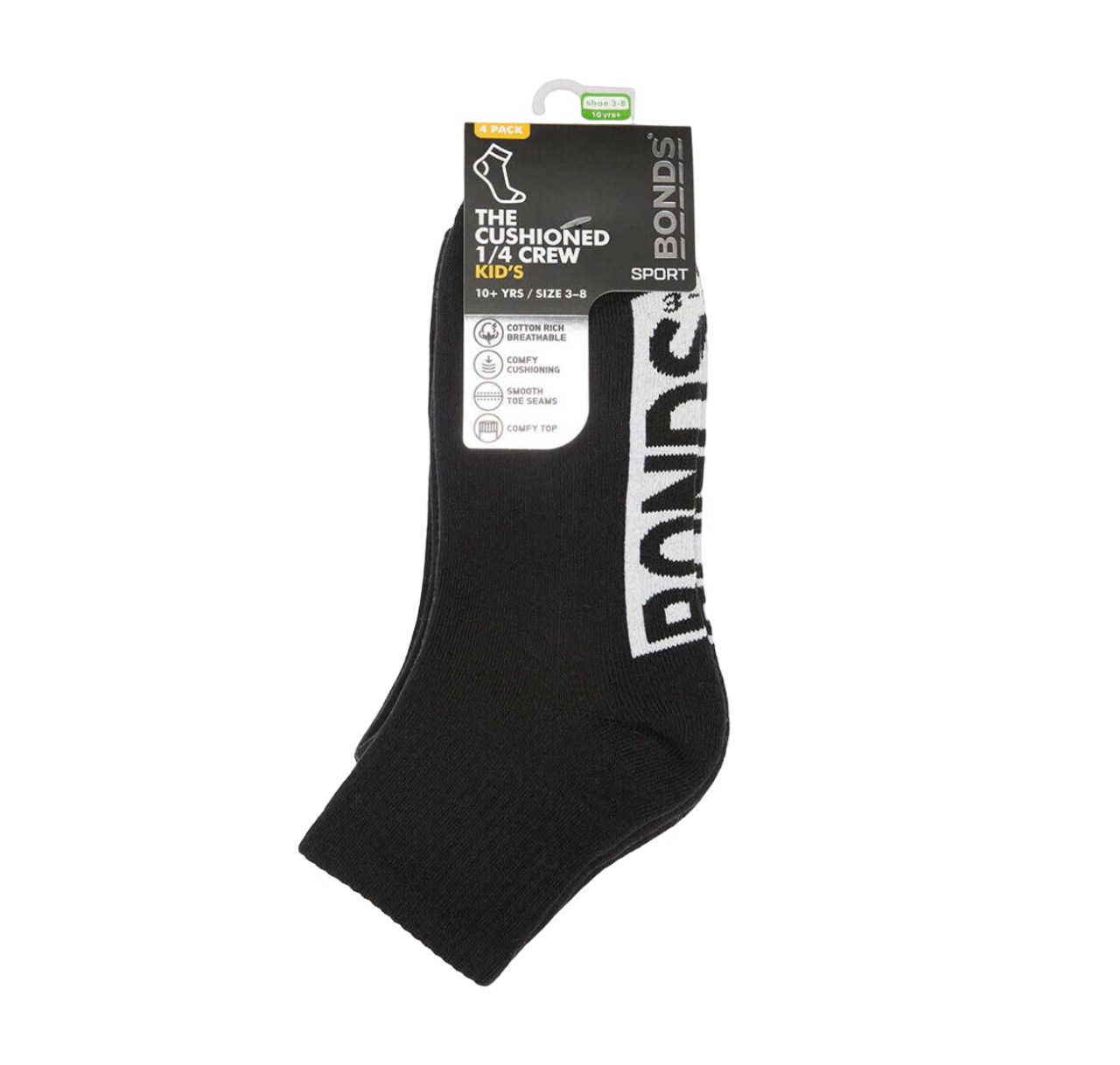 4 Pack Kids Boys Bonds Logo Cushioned Quarter Crew Socks Black