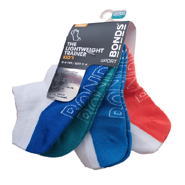 4 Pack Unisex Kids Bonds Lightweight Trainer Low Cut Socks White/Light Blue/Teal/Blue/Orange