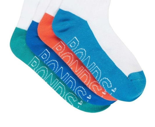 4 Pack Unisex Kids Bonds Lightweight Trainer Low Cut Socks White/Light Blue/Teal/Blue/Orange