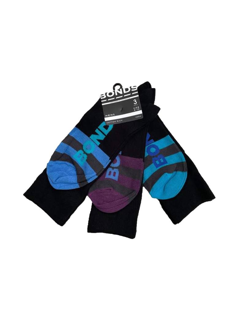 12 Pairs X Mens Bonds Business Crew Socks Black With Blue/Aqua/Purple Stripes