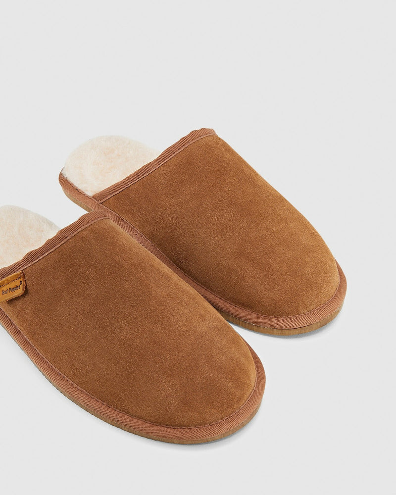 Mens Hush Puppies Sled Slippers Slip On Shoes Chestnut Leather Wool