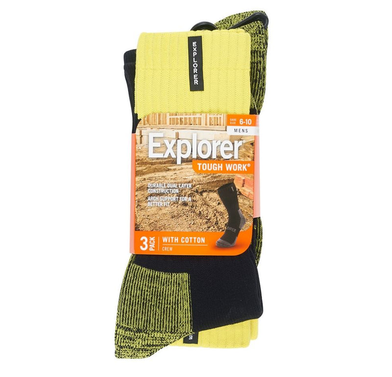 6 x Mens Bonds Explorer Tough Work Crew Cotton Socks - Black/Yellow