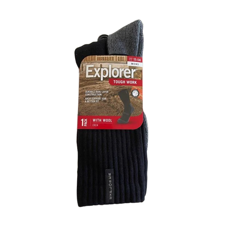 6 x Explorer Tough Work Socks Wool Blend Durable Outdoor Crew Black/Grey