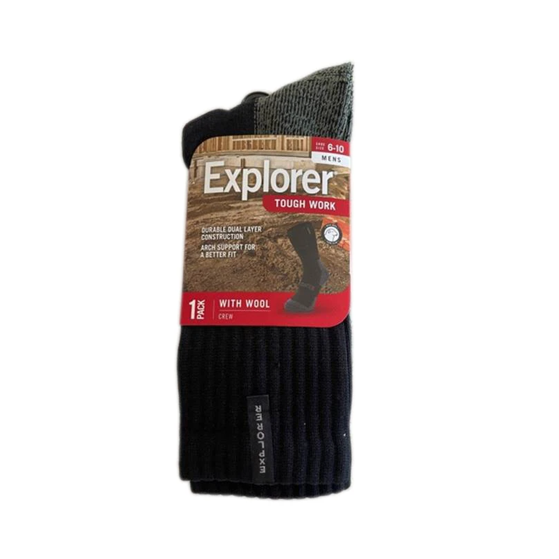1 x Explorer Tough Work Socks Wool Blend Durable Outdoor Crew Black/Olive