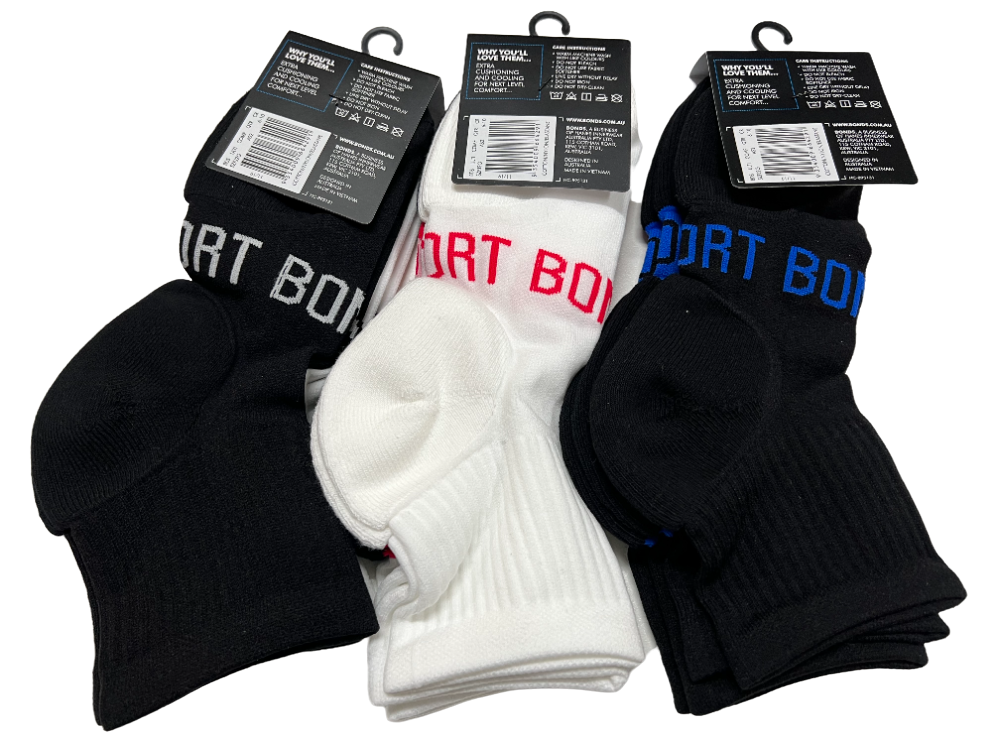 6 Pack Mens Bonds Ultimate Comfort Quarter Crew Socks Red / White / Blue / Black