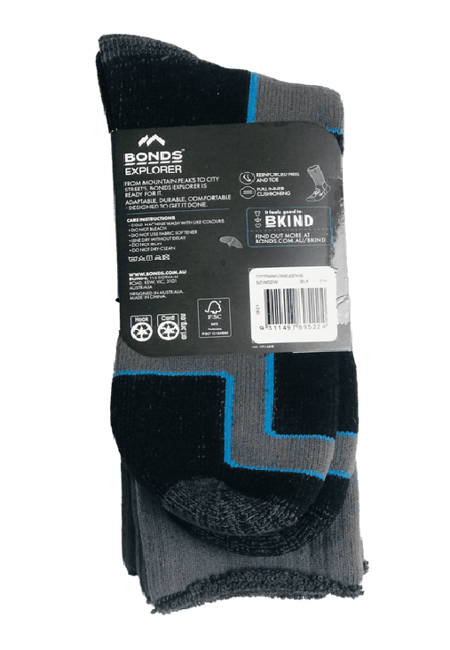 2 Pairs X Bonds Explorer Extreme Impact Crew Cotton Blend Socks Grey/Black/Blue