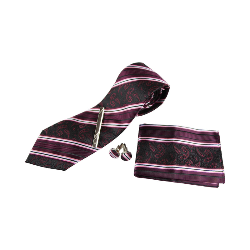 Mens Burgundy Boho Paisley Striped Matching Neck Tie, Pocket Square, Cuff Links And Tie Clip Set