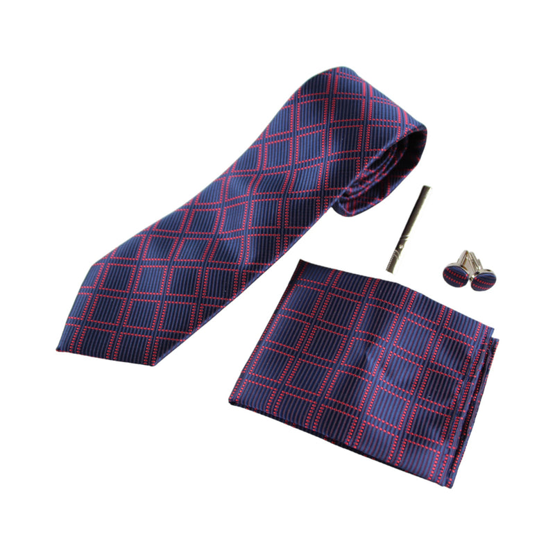 Mens Navy & Red Checkered Matching Neck Tie, Pocket Square, Cuff Links And Tie Clip Set