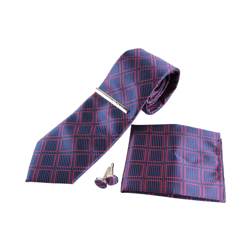 Mens Navy & Red Checkered Matching Neck Tie, Pocket Square, Cuff Links And Tie Clip Set