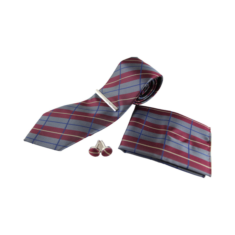 Mens Grey, Maroon & Navy Checkered Matching Neck Tie, Pocket Square, Cuff Links And Tie Clip Set