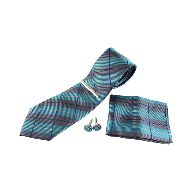 Mens Grey, Sky Blue & Navy Checkered Matching Neck Tie, Pocket Square, Cuff Links And Tie Clip Set