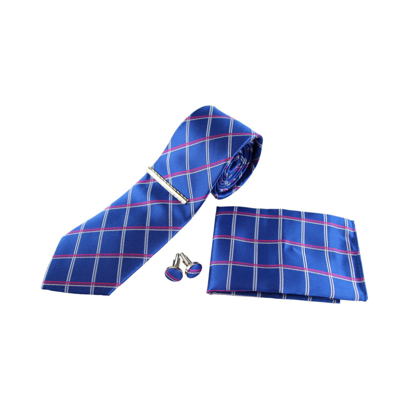 Mens Blue, Silver & Pink, Checkered Matching Neck Tie, Pocket Square, Cuff Links And Tie Clip Set