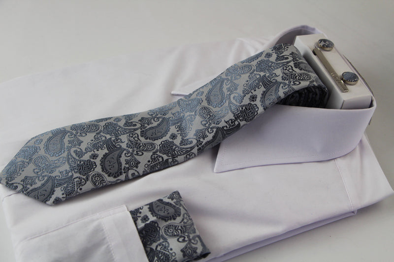 Mens Silver Boho Paisley Matching Neck Tie, Pocket Square, Cuff Links And Tie Clip Set