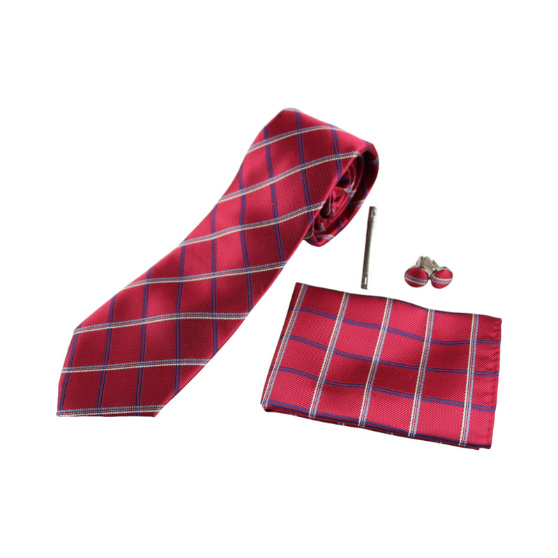 Mens Red & Navy Checkered Matching Neck Tie, Pocket Square, Cuff Links And Tie Clip Set