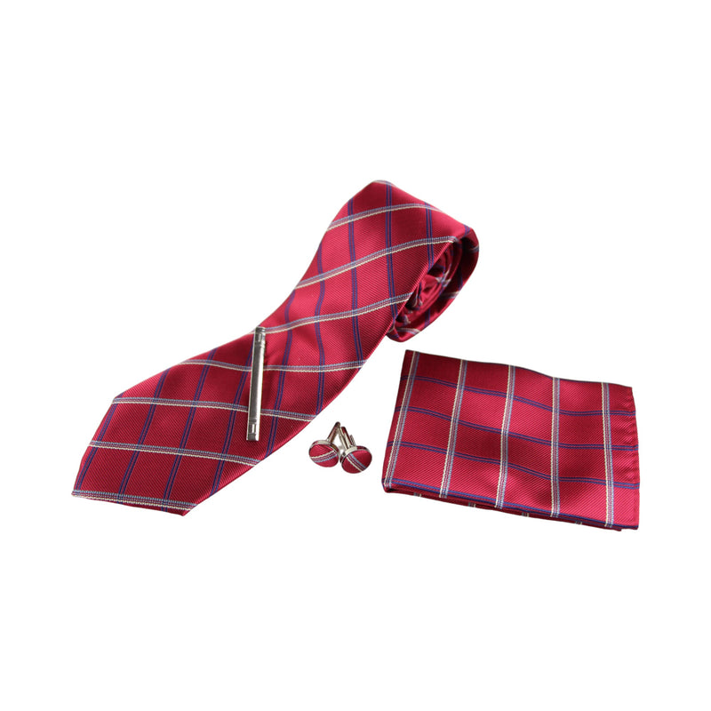 Mens Red & Navy Checkered Matching Neck Tie, Pocket Square, Cuff Links And Tie Clip Set