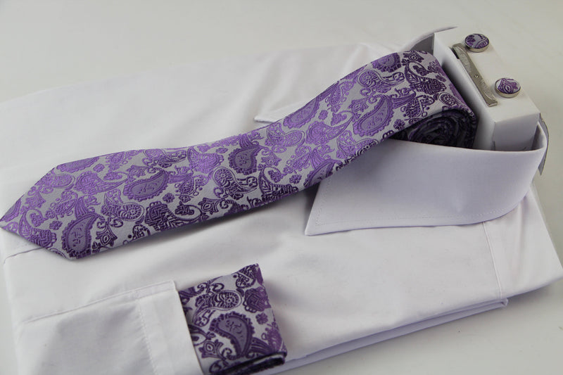 Mens Purple & Silver Boho Paisley Matching Neck Tie, Pocket Square, Cuff Links And Tie Clip Set