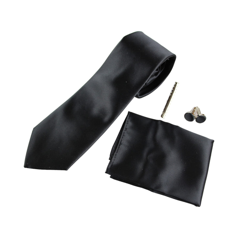 Mens Black Matching Neck Tie, Pocket Square, Cuff Links And Tie Clip Set