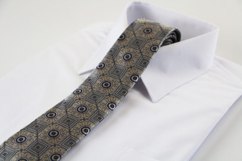 Mens Champagne, Grey & Blue Squares & Circles Patterned 8cm Neck Tie