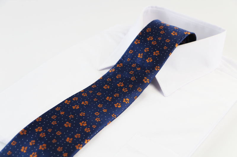 Mens Navy & Orange Flower Patterned 8cm Neck Tie