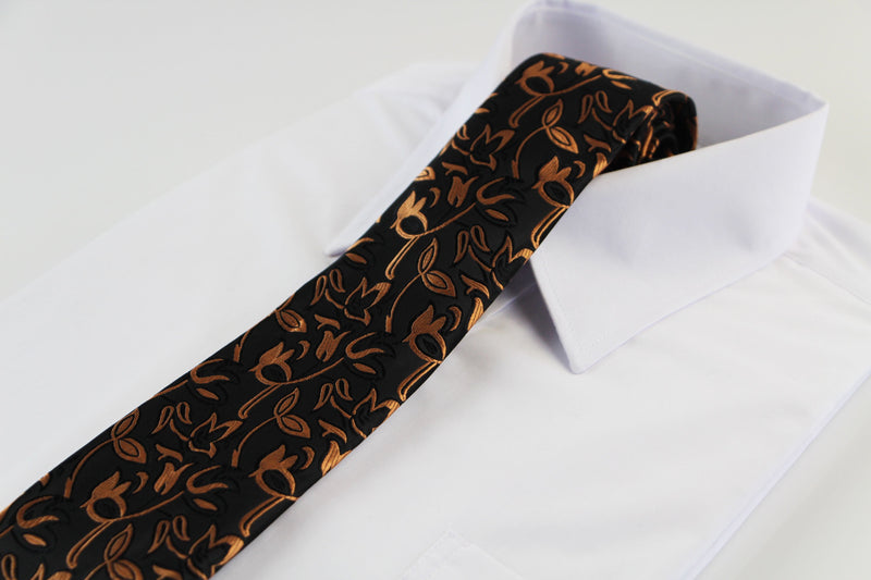 Mens Black & Copper Leaf Design Patterned 8cm Neck Tie