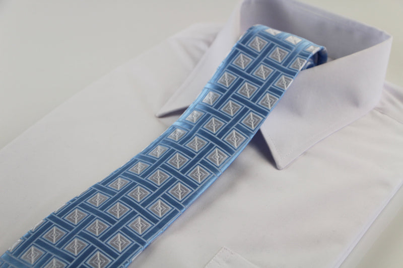 Mens Light Blue With Silver Squares Patterned 8cm Neck Tie